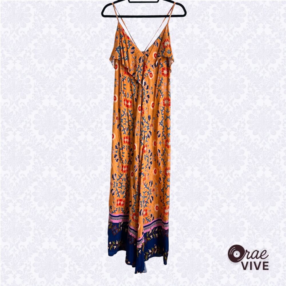 Lani Womens Large Orange Boho Floral Ruffle Trim Strappy Maxi Dress [🌿]
